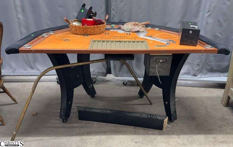 Rough Poker Table With Tangerine Night Club Felt, Lockbox, and Some Accessories Needs Repaired and Some Cleaning 80x44x36" image