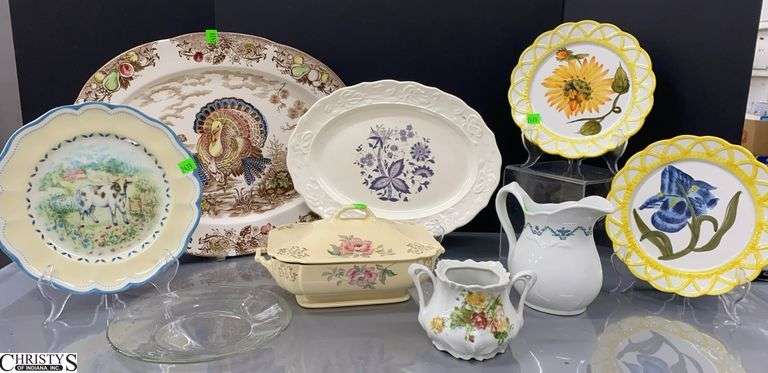 Turkey Platter, Covered Dish, Plates, Pitchers, Some Chips image
