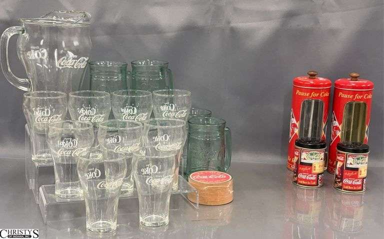 Coca Cola Glasses, Pitcher, Coasters, Salt and Pepper and Straw Holders - 9" of tallest image