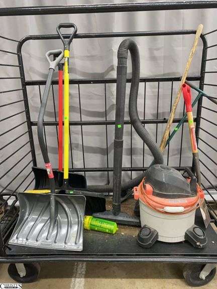 Rack With Snow Shovels, and Ridgid Wet Dry Vac, Shovels, Weed Tools, CART NOT INCLUDED image