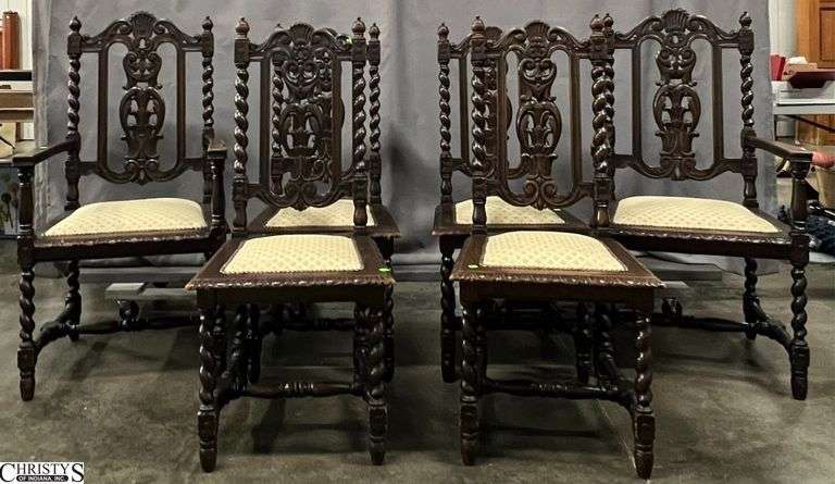 6 Ornate Wood Chairs with Reupholstered Seat Bottoms Capitan Chairs Measure 24x21x45 Seat Height 18 image