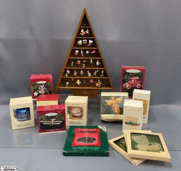13 Hallmark Keepsake Ornaments and Assorted Mini Ornaments w/ Display Tree - 18" of tree image