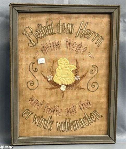 Antique German Framed Paper Punch with Celluloid Cherub - 13.5" x 17.5" image