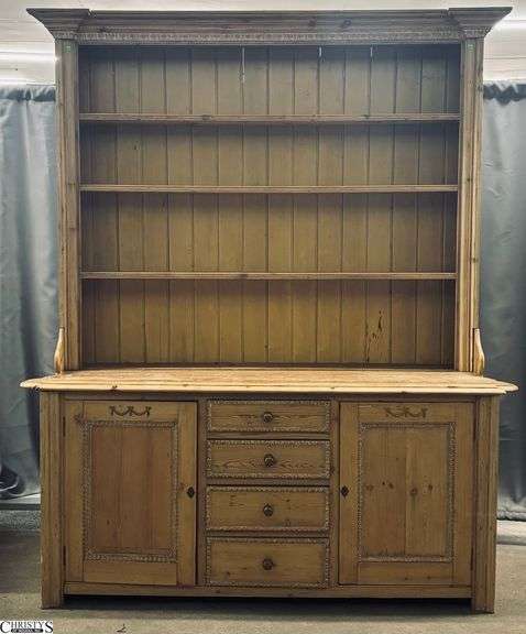 Substantial European Pine Side Board Kitchen Hutch - 2pcs - 79" x 23" x 100" overall - does have some splitting/chipping to back edges image