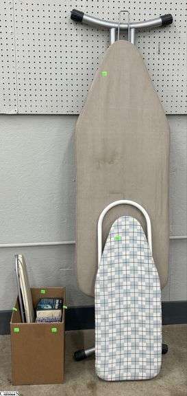 2 Ironing Boards, Steam Irons, Lint Shaver - Some wear - 66" of ironing board as sits image