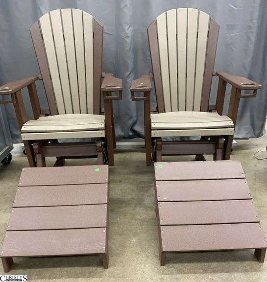 Pair of Composite Adirondack Gliding Chairs with Foot Rests, Has Some Damage To Slats on Edges 32.5x25x52" To Back of Chair, Seat Height 24" image