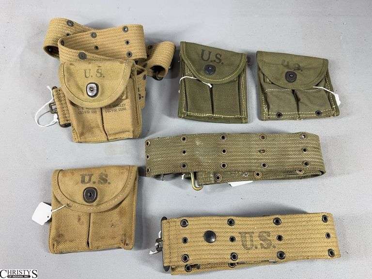 2 WW II Magazine Pouches, 2 WW II Belts, 2 WW II Green Carbine Magazine Pouches and 1 Belt image
