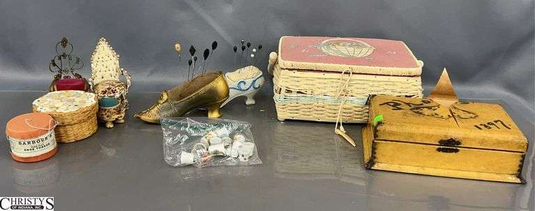 Pin Cushions, Sewing Notions, Thimbles, Pins, Misc - 7" of largest pin cushion image