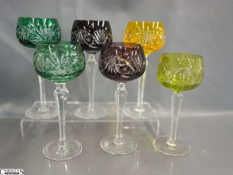 6 Bohemian Cut Crystal Wine Hock Stems - 7.5" of each image