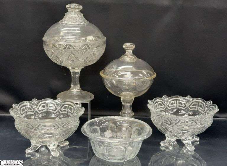 Pressed Glasses Lidded Compotes, Footed Bowls and Bowl - 5pcs - 12" of tallest image