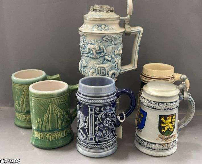 6 Steins and Beer Mugs - German and Others - 9" of tallest image