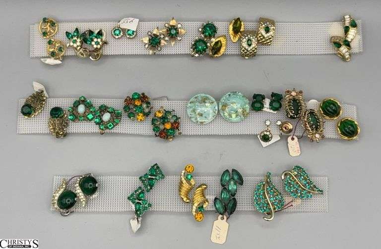 Emerald, Rhinestones, Park Lane, and Other Green Stone Clip On Costume Earrings image