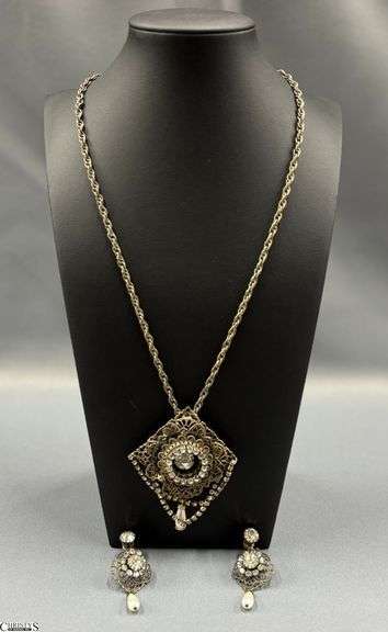 Vintage Filigree Pendant Necklace and Matching Earrings  with Rhinestones image