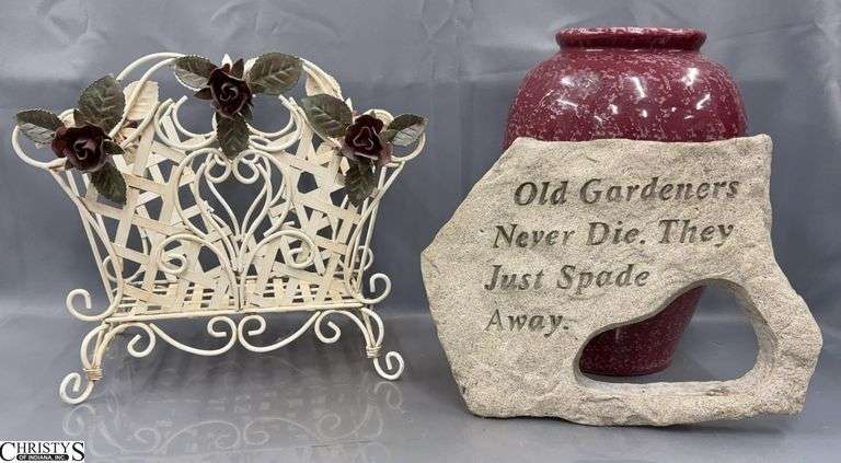 Rose Motif Metal Magazine Stand, Heavy Crock Vase, Gardeners Plaque - 15" of vase image