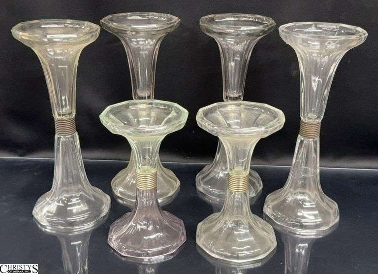 6 Soda Shop/Dry Goods Glass Shelf Display Risers - 5" x 12" of largest - one has some cracking image