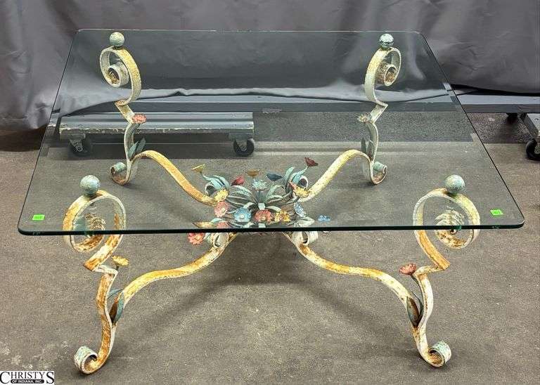 Wrought Iron Floral Patinaed Glass Top Coffee Table - 40" x 40" x 19" image