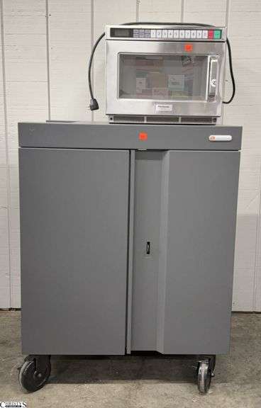 Bretford Metal 2 Door Laptop Charging Cart, 26x29x38" and Small Panasonic Microwave image