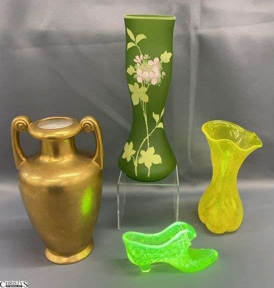 UV Reactive Fenton Shoe, Pickard Vase, Hand Painted Glass Vase, Art Glass Vase - 10" of tallest image