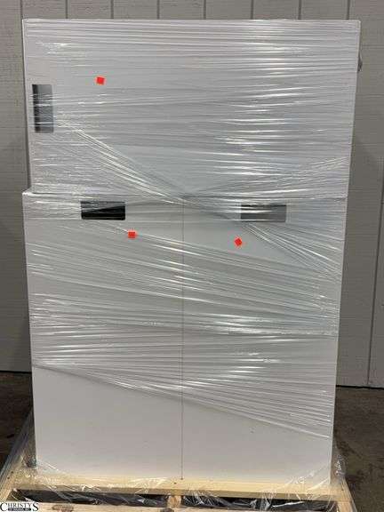 Skid With 3 Rolling 3 Bay White Recycle Bins Wooden Skid Can Go 36x18x36" On Wheels image