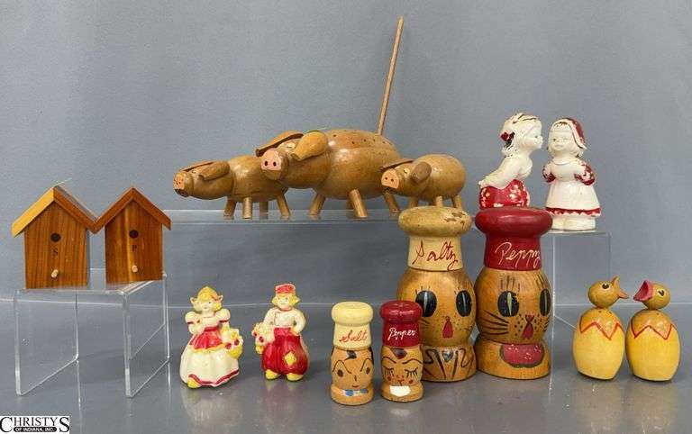Wooden Mid Century Salt and Peppers, Cats, Chickens, Bird Houses, Boy and Girl, Campbells image