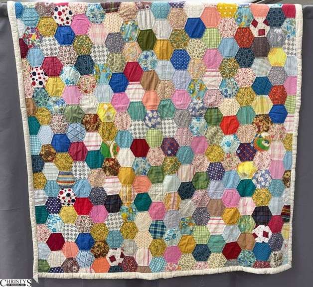 Handmade Honeycomb Patterned Quilt - 78" x 62" - some wear image
