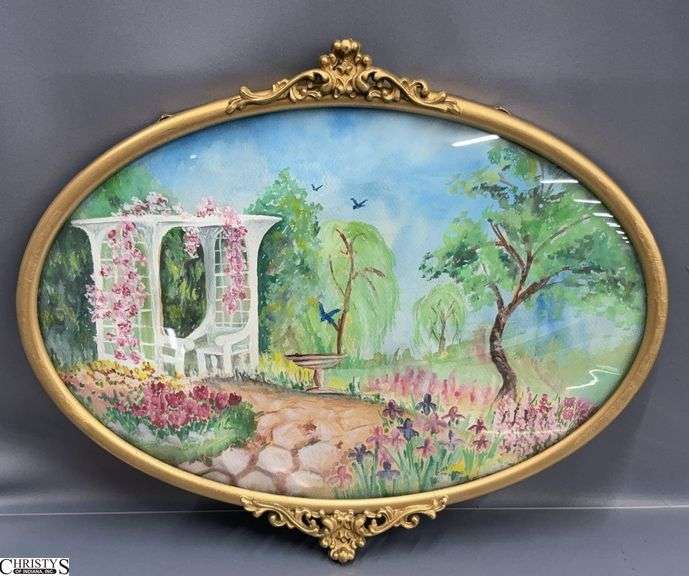 Ornate Metal Frame Garden Scene Watercolor - 20" x 16" image