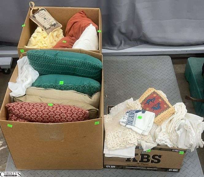 3 Boxes Throw PIllows, Table Linens, Doilies - SKID NOT INCLUDED image