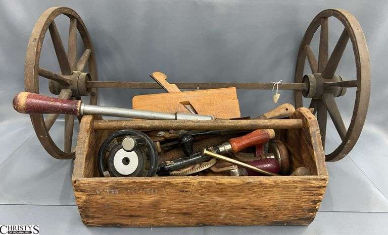 Wooden Tool Box, Vintage Hand Tools, Wooden Small Wagon Wheel Set - 15" x 26" of wheels image