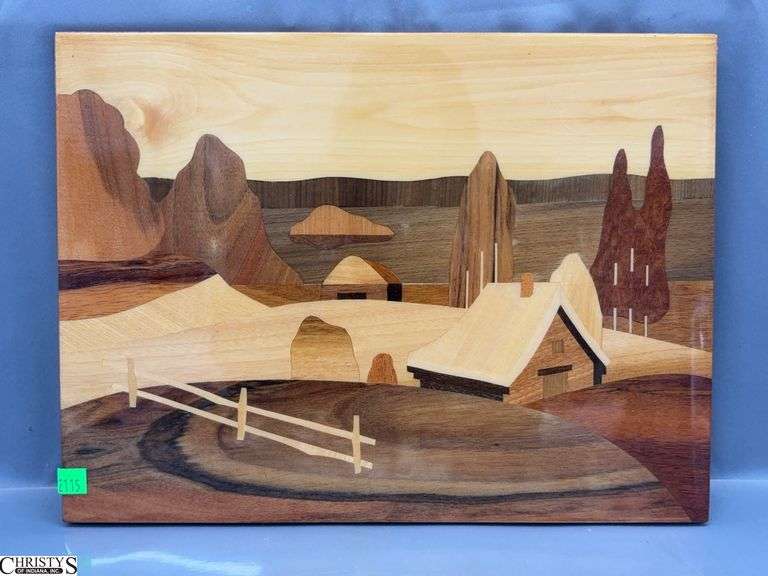 Marquetry Inlaid Wood Farm Scene Panel - 16.5" x 12.5" image