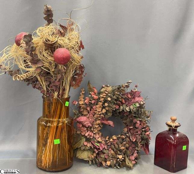 Large Orange Glass Vase with Red bottle and Stopper, Artificial Flowers, Tallest 22" image