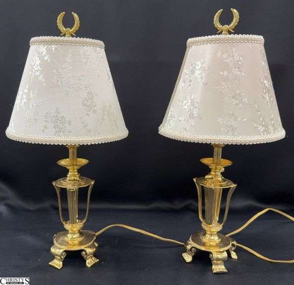 Pair Small Brass Table Lamps - 19" to top of finial image
