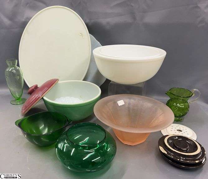 Mixing Bowls, Oval Milk Glass Plate, Green Glass Creamer and Vase, Stoneware Lids - 15" of largest image