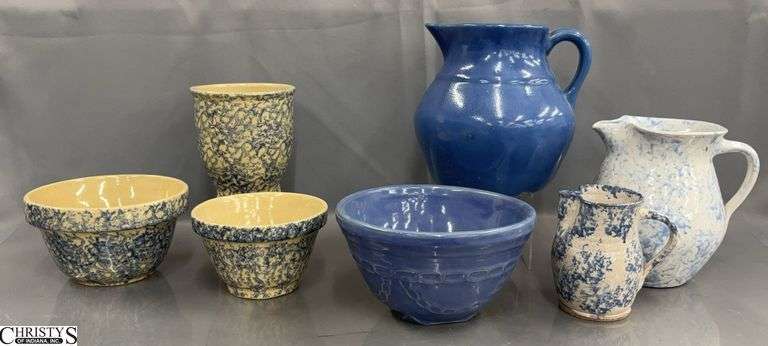 7 Blue and White Tone Crockery Bowls and Pitchers - 8.5" of tallest image