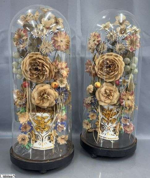 Pair Victorian Style Artificial Floral Mantle Cloche Dome Displays - 8" x 19" of each image