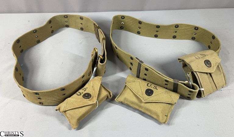 WW II B.A.R. Co. 1942 First Aid Pouch with Belt, and a WW II Belt with a First Aid Pouch and a Magazine Pouch image