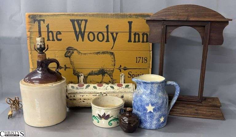 Primitive Style Decor Group - Wooden Sign, Clock Frame, Crock Lamp, Crock Pitcher, Metal Holder - 24" x 18" of sign image