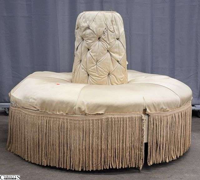Antique Round Settee With Fringe, Has Wear and Spotting, Tufted Center Back Rest, Overall Measures 52x40" Tall image