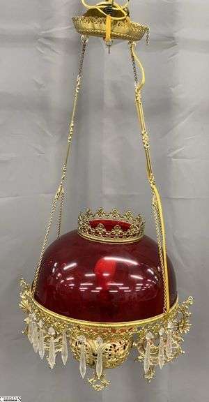 Victorian Oil Lamp Style Red Glass Hanging Light Fixture - 19" x 36" approx overall - missing some prisms image