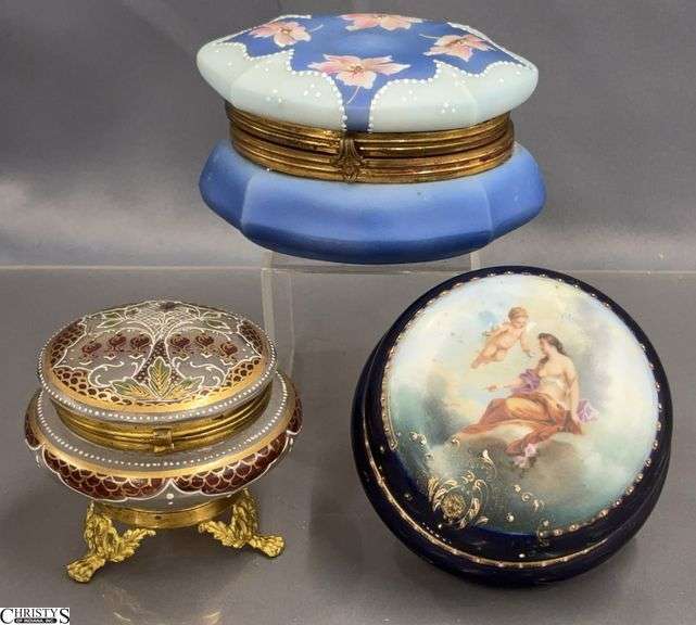 3 Fine Porcelain and Glass Antique Trinket Boxes - 5" of largest - largest does has crack to base image