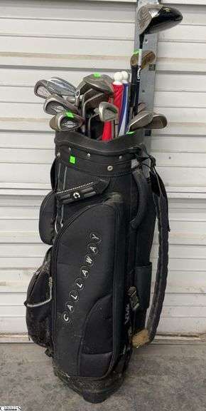 Callaway Golf Bag and Assorted Clubs - Cannon, Dunlop, Spaulding, and Others - Bag shows wear/mildew - 46" of longest image