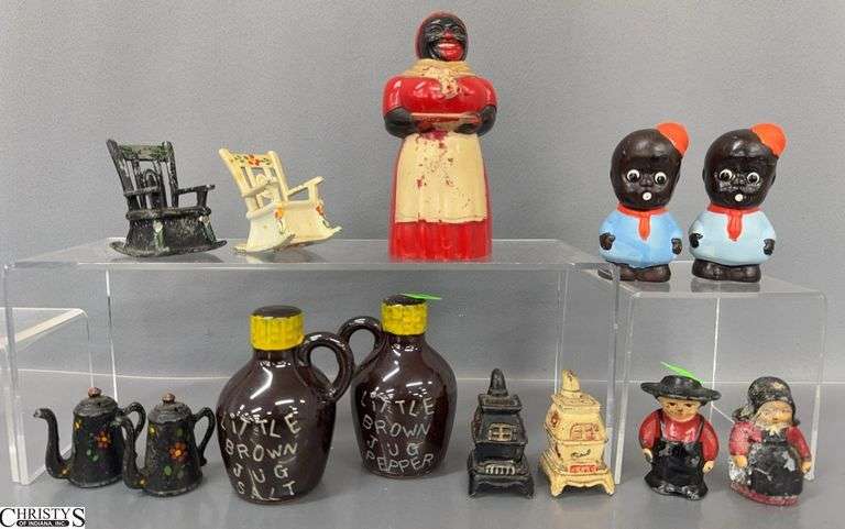 Vintage Salt and peppers, Cast Iron Rocking Chairs, Amish, Stove, Crock Jugs, Tallest 5" image