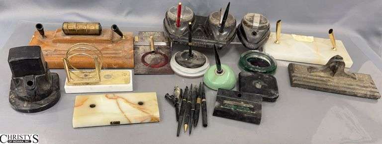 Assorted Desk Pen Holders, Inkwells, Desk Accessory Pieces - 10.5" x 6" of largest piece - some wear image