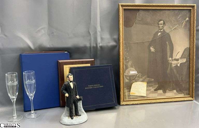 Abraham Lincoln Memorabilia - Door Stop, Plaque, Glasses, Framed Print - 22" x 17.5" of frame, glass is damaged in frame image