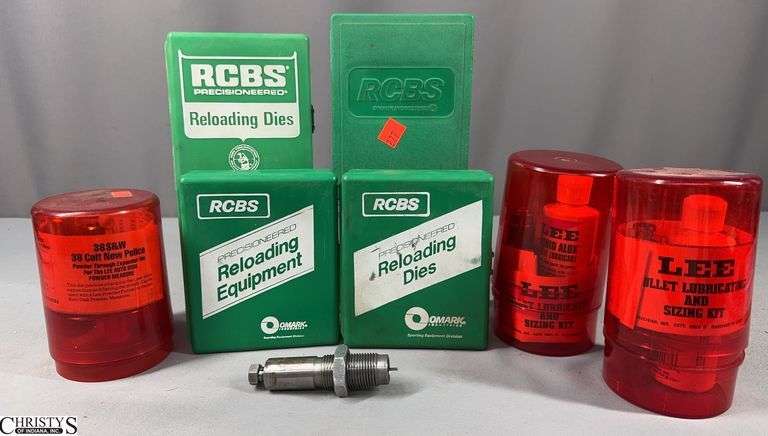 3 RCBS 3-Die Sets in Green Plastic Box- 8.15 X 46 Rim, 30/06, 243 Win., a Primer Pocket Swager Combo 1 Piece Set in Green RCBS Plastic Box, 2 Lee Dies 38 S&W in Red Plastic Container, and 2 Lee Bullet Lubricating, a Lee Decapper and 2 Lee Sizing Kits in Red Plastic Containers image