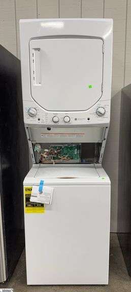 GE Stacking Washer Dryer Missing Panel and Handle To Dryer Door Untested 24x27x74 image