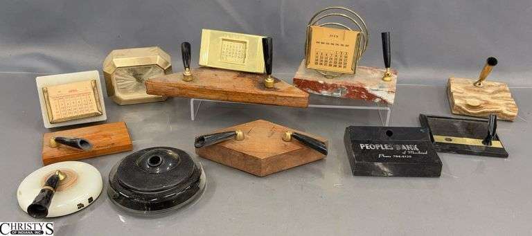 Vintage Desk Accessories - Pen Holders, Calendars, Clock - 9" of largest piece - some wear image