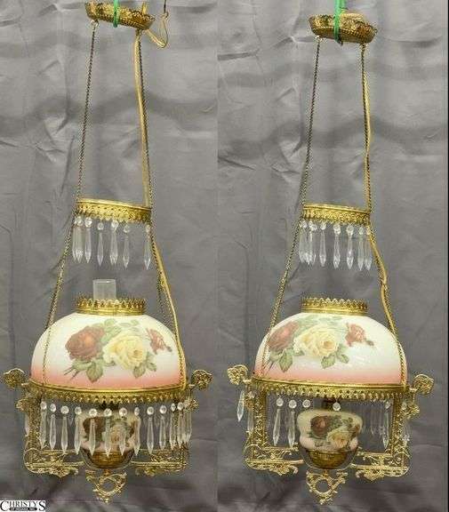 Pair Rose Motif Shade Ornate Victorian Brass Oil Lamp Style Hanging Light Fixtures - 18" x 42" of largest, as hanging - missing prisms image