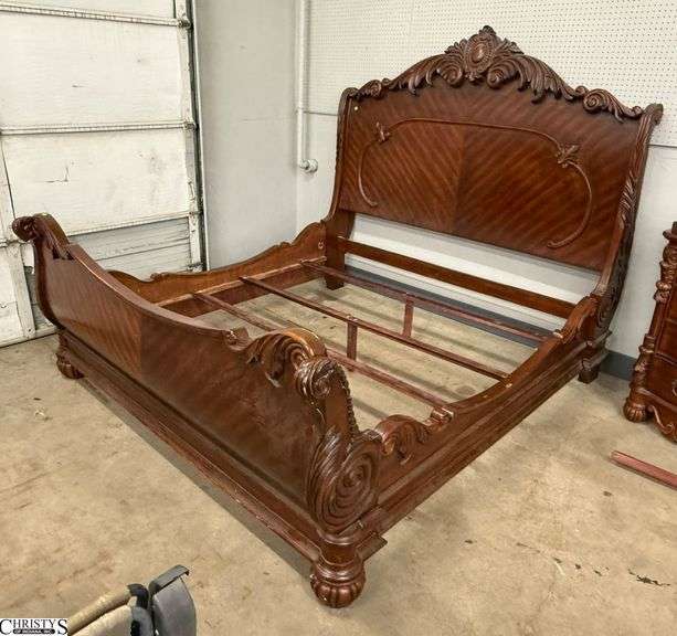 Ornated King Size Sleigh Bed, Has Some Wear and Some Splitting, Please See Photos Overall 82" W 96" L 74" H Headboard image
