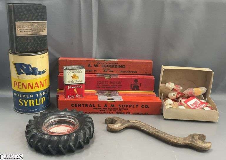 Assorted Advertising Promotional Pieces -  Levels, Tins, Bank, Wrench, Ashtray - 12" of level image