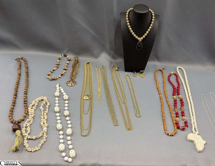 14 Fashion Necklaces or Chains- 1 Marked Monet, 4 Made From Wood Beads, 2 Unmarked Silver Colored Chains image